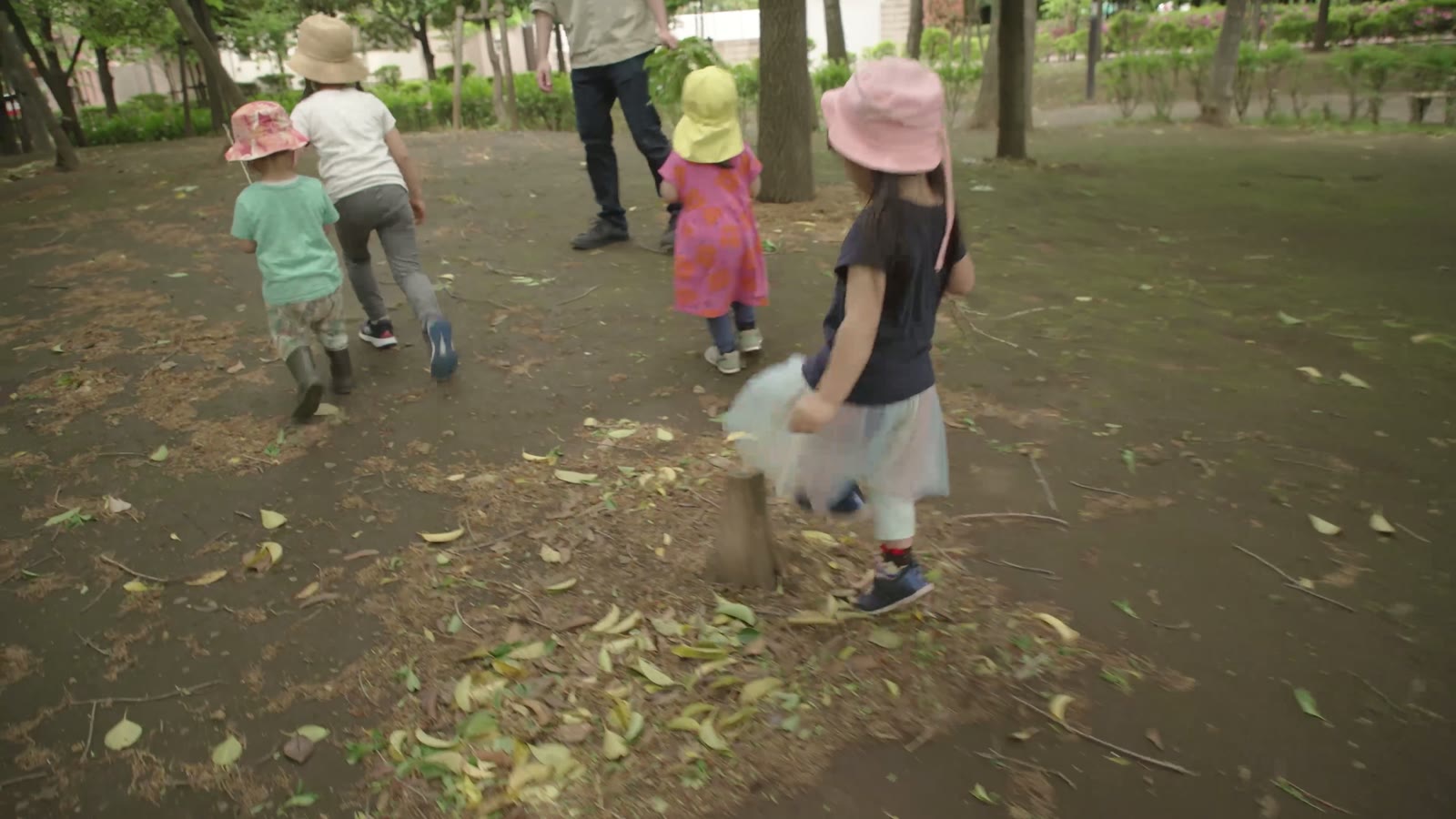 帽子をかぶった子どもたちが先生と公園を散策する様子