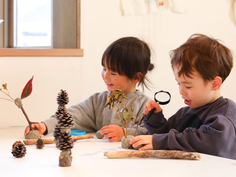 虫眼鏡で松ぼっくりや木の実を観察する子どもたち